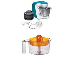 Bosch MUM54D00 Küchenmaschine StartLine (900 W, 3,9 L Edelstahl-Rührschüssel, einfaches Handling /Verstaulösung) dynamic blau + Zitruspresse transparent mit orangem Presskegel
