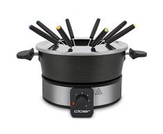 Cloer 6679 Fondue für 8 Personen, beschichteter Aluminiumtopf, inklusive Spritzschutz, 8 farbig markierte Gabeln 1,5 Liter, 1000 W, silber, schwarz