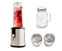 ADE Smoothie Maker mit Gewürz- und Kaffeemühle KA 1823 (300 Watt Motor, inklusive 2 Mahlbehältern, Smoothie-Aufsatz, Trinkflasche und Becher aus Glas)