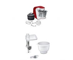 Bosch MUM54R00 Küchenmaschine StartLine Edelstahl-Rührschüssel, weiß / tiefrot + MUZ5BS1 Lifestyle Set BakingSensation mit Spritzgebäckvorsatz, Rührschüssel, Fleischwolf, weiß