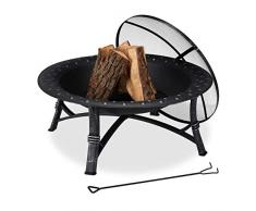 Relaxdays Feuerschale mit Funkenschutz, Garten & Terrasse, mit Schürhaken, Outdoor Feuerstelle, HxD: 52 x 90 cm, schwarz