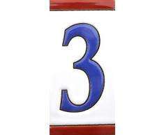 Hausnummer. Schilder mit Zahlen und Nummern auf Keramikkachel. Handgemalte Kordeltechnik fuer Schilder mit Namen, Adressen und Wegweisern. Design USA MEDIANO 10,9cm x 5,4 cm (Nummer DREI3).