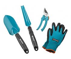 GARDENA Grundausstattung Kleingeräte Aktion: 4-teiliges Gartenset für die Gartenpflege, universelle Gartenschere, stabile Blumenkelle, Unkrautstecher, atmungsaktive Gartenhandschuhe 8/M (8965-30)