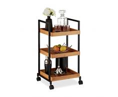 Relaxdays Servierwagen, moderner Küchentrolley, Bambus & Eisen, 3 Böden, quadratisch, 4 Rollen, 69,5 x 37 x 34 cm, natur