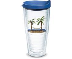 Tervis 1092340 Isolierbecher mit Palmen- und Hängematte, mit Emblem und blauem Deckel, 680 ml, transparent