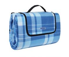 SONGMICS 200 x 200 cm XXL Picknickdecke Fleece wÄrmeisoliert wasserdicht mit Tragegriff (Quadrate blau gestreift)