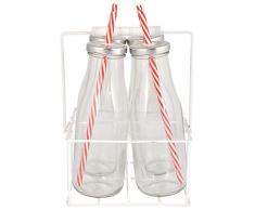 Esschert Design Trinkflaschen 4er Set mit Träger L aus Glas, Metall, Weißblech, PP und Silikon, 17,0 x 15,6 x 24,0 cm