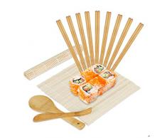 Relaxdays Sushi Set Bambus, 2 Sushi Matten, Reislöffel, Reisportionierer, 10 Paar Essstäbchen, Sushi Zubehör, natur