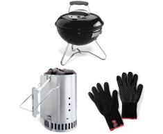 Weber 1111004 Smokey Joe Original, 37 cm, Holzkohlegrill schwarz + Anzündkamin + Grillhandschuhe