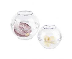 Relaxdays Zwiebeldose 2er Set, Frischhaltekugeln Knoblauch & Zwiebeln, Kühlschrank, Kunststoff, 7 & 9 cm Ø, transparent