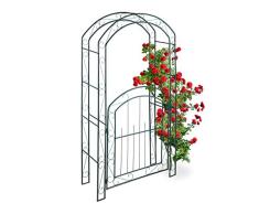 Relaxdays Rosenbogen mit Tür, Garten Rankhilfe Kletterpflanzen, Torbogen Metall, wetterfest, HBT 215 x 115 x 43 cm, grün