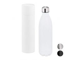 Relaxdays Thermo Trinkflasche, doppelwandige Vakuum Isolierflasche, 1 Liter, unterwegs, Edelstahl, auslaufsicher, weiß