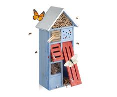 Relaxdays Insektenhotel mit Metalldach für Bienen & Schmetterlinge, Nisthilfe für Balkon, HxBxT: 48,5 x 24 x 14 cm, blau