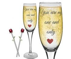 Valentine Geschenke – Glas rot Rose und Champagner Glas 23 cm farblos