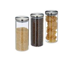 Relaxdays Vorratsglas 3er Set, luftdicht, Edelstahl Deckel, für Pasta, Müsli & Reis, 1,5 l Küchenbehälter, transparent