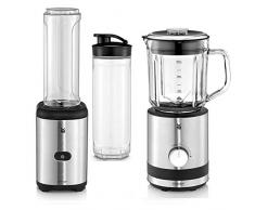 WMF Kult Mix & Go Smoothie Mini Standmixer, Smoothie Maker, 300 Watt, Tritan Flasche, Silber + Küchenminis Kompaktmixer, Standmixer, 400 Watt, Glasbehälter 0,8 l, Pulsstufe, cromargan matt/silber