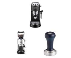 De’Longhi Espresso Siebträgermaschine, schwarz + DeLonghi Elektrische Kaffeemühle, silber + DeLonghi Kaffee-Tamper aus Edelstahl mit Holzgriff, Schwarz, silber