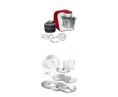 Bosch MUM54R00 Küchenmaschine StartLine Edelstahl-Rührschüssel, weiß/tiefrot + MUZ5VL1 Lifestyle Set VeggieLove mit Durchlaufschnitzler inkl. 3 Scheiben mit Asia-Gemüse-Scheibe und Kartoffelpuffer