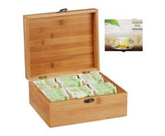 Relaxdays Teebox Bambus, 6 Fächer, 72 Teebeutel, Teedose mit Klappdeckel, Aromaschutz, HxBxT 9,5 x 22 x 18,5 cm, natur