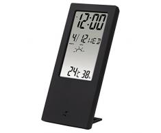 Hama Wetterstation mit Wetterindikator „TH-140“ (Thermometer, Hygrometer, misst Temperatur und Luftfeuchtigkeit, Uhrzeit-/Datum-/Wochentag-Anzeige, Wecker mit Snooze-Funktion) schwarz/transparent