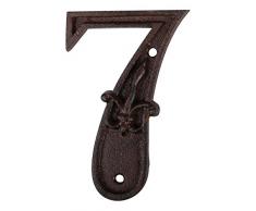 Esschert Design Hausnummer 7, mit Lilien Muster aus Gusseisen in antikbraun, patiniert, ca. 8 cm x 12 cm
