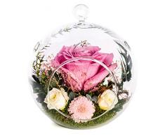 Rosen-Te-Amo Elegantes Gesteck aus 4 konservierte Blumen in hängende Vase; PREMIUM Rosen-Deko handgefertigt aus 100% echtes Bindegrün – Geschenk für exklusive Anlässe