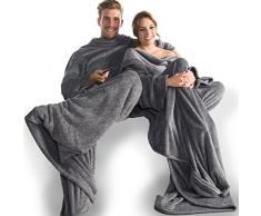 CelinaTex Calgary Kuscheldecke 150 x 180 cm schwarz weiß Mikrofaser Tagesdecke Fleecedecke Ärmel Sofadecke Fußtasche
