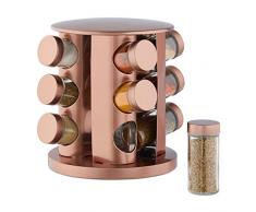 Relaxdays Gewürzkarussell mit 12 Gewürzdosen, 360° drehbar, durchsichtige Gewürzgläser zum Streuen, Edelstahl, kupfer