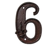Esschert Design Hausnummer 6, mit Lilien Muster aus Gusseisen in antikbraun, patiniert, ca. 8 cm x 12 cm