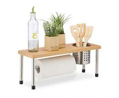 Relaxdays Küchenregal für Arbeitsplatte, Küchenrollenhalter & Besteckkorb, Gewürzregal, Bambus & Edelstahl, natur/silber