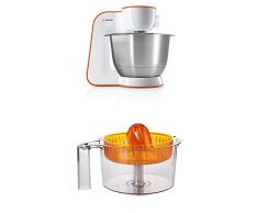 Bosch StartLine MUM54I00 Küchenmaschine (900 W, 3, 9 L, edelstahl-Rührschüssel, einfaches Handling /Verstaulösung) impulsive orange + Zitruspresse transparent mit orangem Presskegel