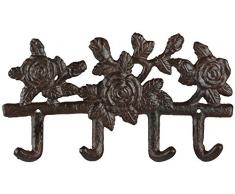 Esschert Design Hänger 4 Haken in Rosenoptik, aus Gusseisen, 27,2 x 3 x 15,5 cm, Gardarobenhaken, 4er Hakenleiste mit Montagelochung