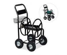 Relaxdays Schlauchwagen Metall, 4 Gummiräder, XL Schlauchtrommel, Kurbel, f. 60m Schlauch, HBT 114 x 64 x 90 cm, schwarz