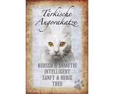 Schatzmix Katze steckbrief: Türkische Angorakatze - hübsch & anmutig, intelligent, sanft & ruhig, treu Katze Metal Sign deko Schild Blech Garten