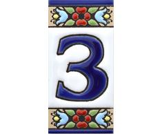 Hausnummer. Schilder mit Zahlen und Nummern auf Keramikkachel. Handgemalte Kordeltechnik fuer Schilder mit Namen, Adressen und Wegweisern. Design FLORES MINI 7,3 cm x 3,5 cm (Nummer DREI3).