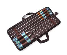 DONGXIUB Grillen Nadeln aus Edelstahl Grill Bräter Sticks BBQ Gabeln U Form Metall shërbimi informativ I shtetit Schaschlikspießen Holzgriff 7-Teiliges Set