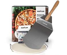 Rustler Pizzastein-/ Brotbackstein ø38 cm mit Edelstahl-Gestell + Pizzaschieber aus Edelstahl | für Pizza, Flammkuchen & Brot | für Backöfen, Holzkohle- und Gasgrills geeignet | in Geschenkverpackung