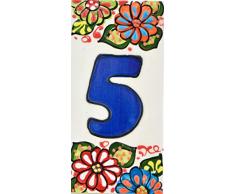 Hausnummer. Schilder mit Zahlen und Nummern auf Keramikkachel. Handgemalte Kordeltechnik fuer Schilder mit Namen, Adressen und Wegweisern. Design JARDIN 14,5 cm x 7 cm (Nummer FUNF5).