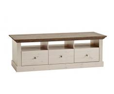 Steens TV Bank Monaco Landhaus, 3 Schubladen und 3 Fächer, 49 x 145 x 56 cm (H/B/T), Kiefer massiv weiß lasiert, Absetzung steingrau