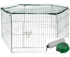 dobar 80590 Freilaufgehege 6-teilig mit Nylon Netz Trinkflasche, Futternapf, wetterfestes Gehege für Kaninchen, Hasen, Meerschweinchen und Nager, Kaninchengehege, 112 x 98 x 56 cm, Silber