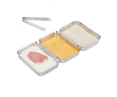 Relaxdays Panierstraße Edelstahl, 3 Schnitzel Panierset Schalen, mit Panierzange, stapelbar, spülmaschinenfest, silber