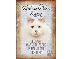 Schatzmix Katze steckbrief: Türkische Van Katze - elegant, wasserliebend, intelligent, lebhaft Metal Sign deko Schild Blech Garten