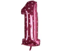 Qualatex Folienballon, 96,5 cm, Zahl 1, rosa Herzen, mehrfarbig