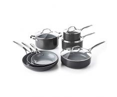 GreenPan CC000675-001 Valencia Pro Kochgeschirr-Set, 100% schadstofffrei, gesunde Keramik, Antihaftbeschichtung, Metall, spülmaschinen- und ofenfest, 11-teilig, Grau