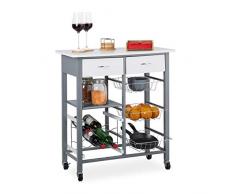 Relaxdays Küchenwagen, 2 Schubladen, 3 Körbe, Weinregal, Ablage, Servierwagen mit Arbeitsfläche, HBT: 84x76x40 cm, weiß