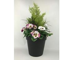 Greenbrokers Limited Kunstpflanze für die Terrasse, 60 cm, mit weichen rosa und weißen Stiefmütterchen und Konifer-/Zedernholzschnitt-Formschnitt, in schwarzem Topf