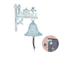 Relaxdays Türglocke maritim, Leuchtturm, Steuerrad, Anker, Glocke mit Kordel, Wandglocke, rustikal, Gusseisen, weiß/blau