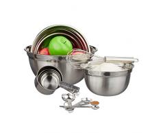 Relaxdays Küchen Set 12-tlg., 3 Rührschüsseln, Messlöffel & Messbecher, Schneebesen, Edelstahl, Küchenutensilien, silber