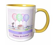 3dRose mug_113267_8 70th White Icing Cake with Balloons and Vase of Flowers, Pastels, Yellow Becher, gelb