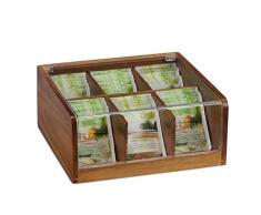 Relaxdays Teebox Holz, 6 Fächer, 90 Teebeutel, Teedose mit Klappdeckel, Aromaschutz, HxBxT 9,5 x 22 x 20,5 cm, natur